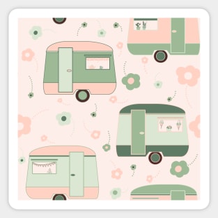 Repeat pattern of cute vintage caravans in pastel pinks and greens Sticker